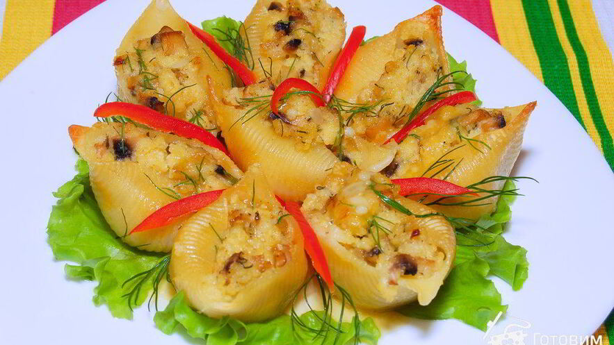 Рецепт ракушек, фаршированных пшенной кашей и грибами