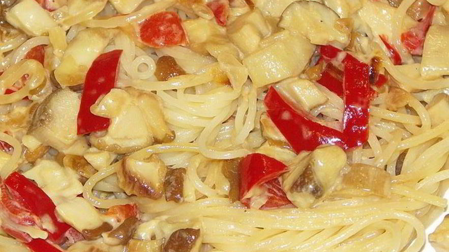 Рецепт спагетти с белыми грибами и болгарским перцем