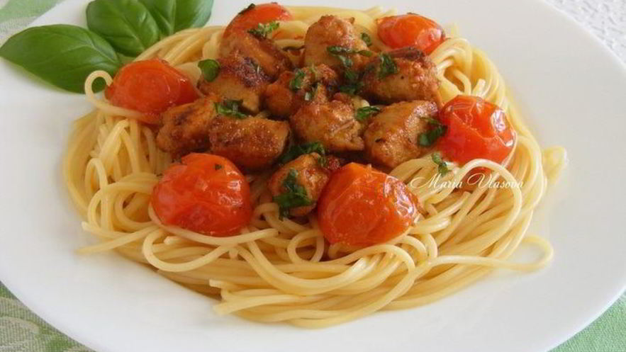 Рецепт спагетти со сладкой курицей и черри