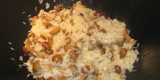 Рецепт зеленого ризотто с опятами и креветками