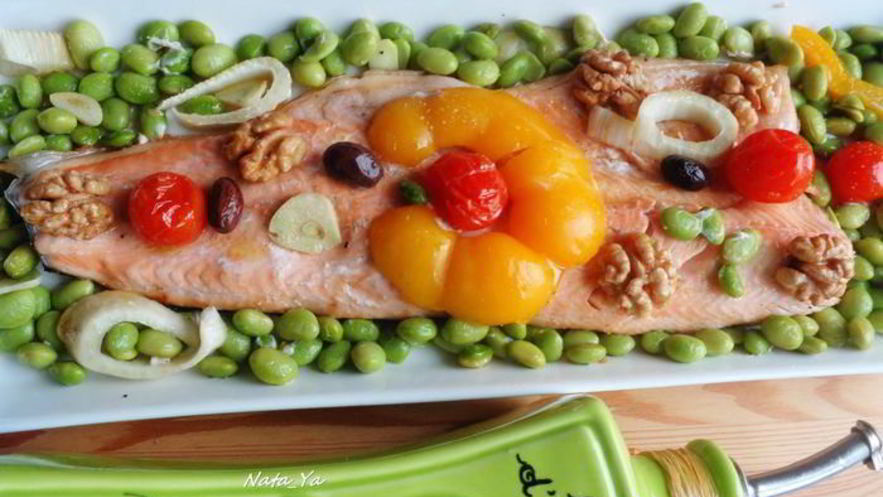 Рецепт лосося на подушке из соевых бобов и фенхеля