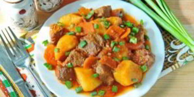 Рецепт жаркого из говядины с зеленым луком