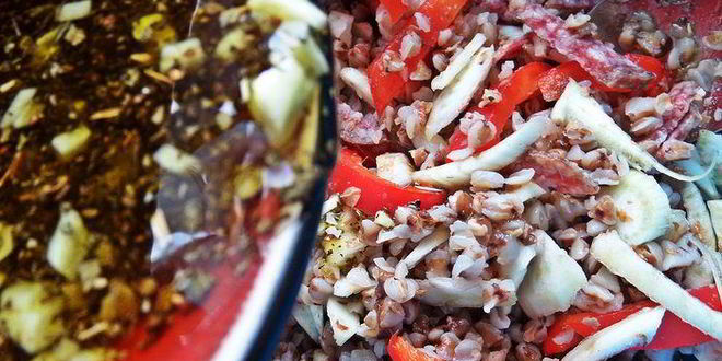 Рецепт гречневого салата с овощами и салями
