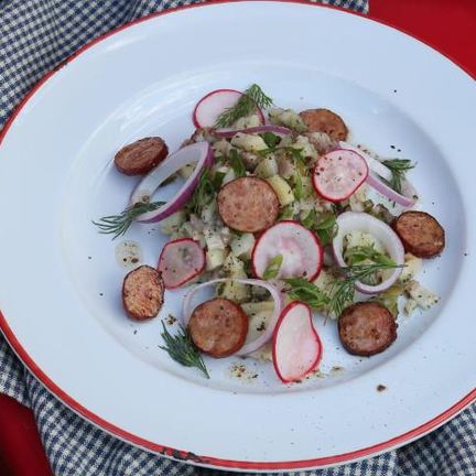 Рецепт Картофельного салата с колбасками и беконом