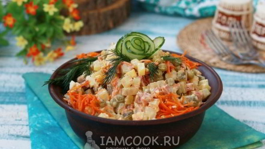 Рецепт оливье с колбасой и корейской морковью