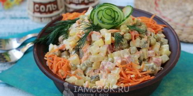 Рецепт оливье с колбасой и корейской морковью