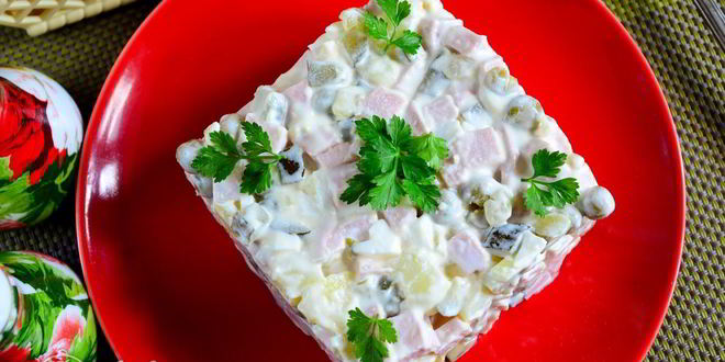 Рецепт салата оливье с колбасой без моркови