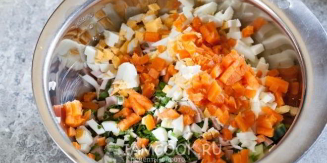 Рецепт салата оливье с колбасой и свежим огурцом