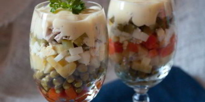 Рецепт салата оливье с курицей под соусом айоли