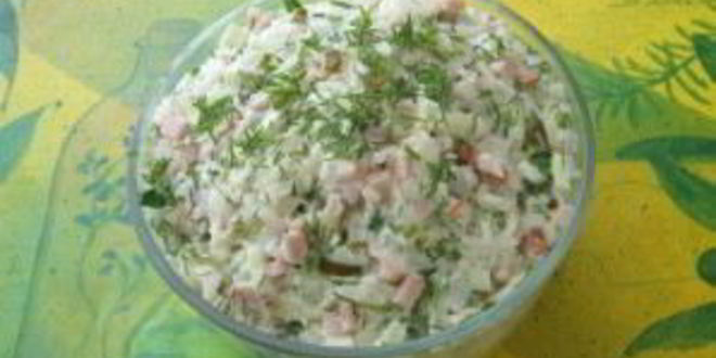 Рецепт салата с ветчиной и рисом