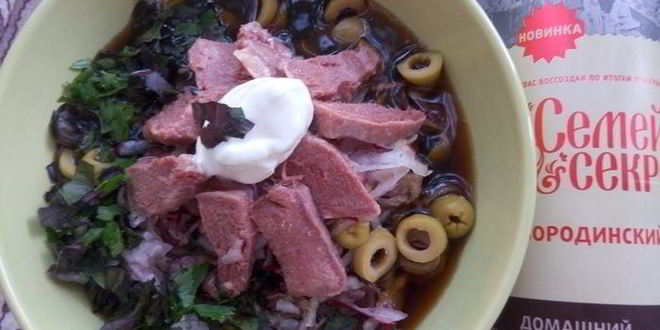 Рецепт окрошки деликатесной с языком