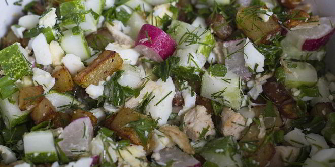 Рецепт окрошки на кефире с жареной картошкой