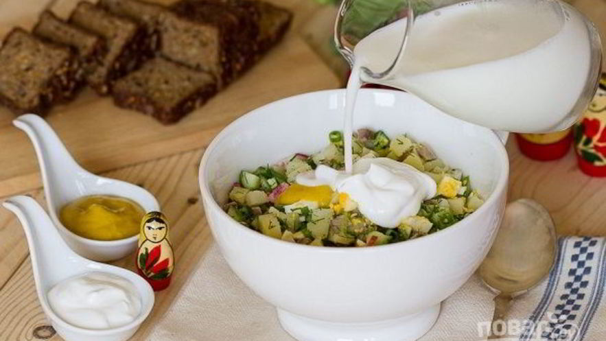 Рецепт окрошки с мясом на кефире