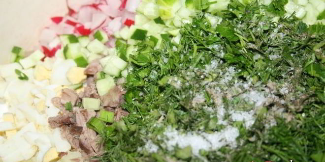 Рецепт весенней окрошки с отварной говядиной на кефире и минералке