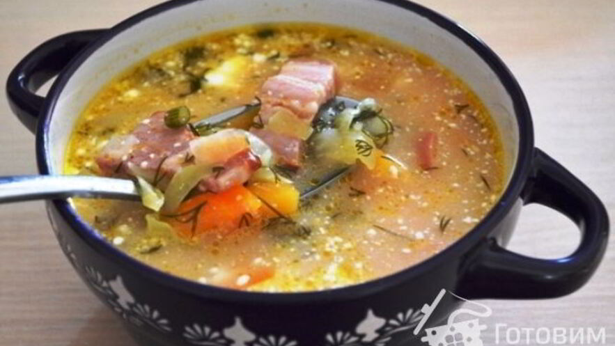 Рецепт овощного супа с фасолью и копченостями
