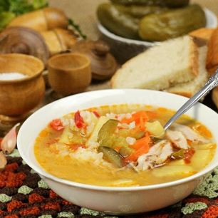 Рецепт Рассольника с курицей и рисом