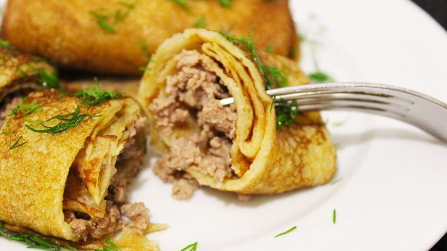 Рецепт блинчиков на кефире с мясом