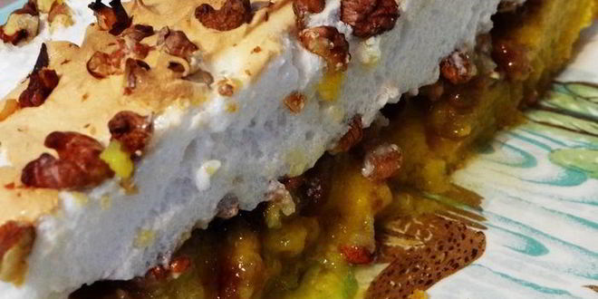 Рецепт лимонное пирожное софи лорена с грецкими орехами, изюмома и безе