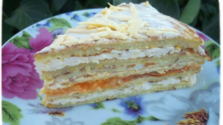 Рецепт кабачкового торта с плавленым сыром и омлетом