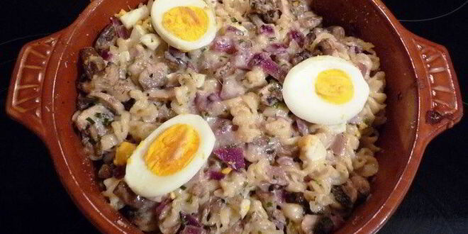 Рецепт быстрой запеканки с макаронами, грибами и яйцами