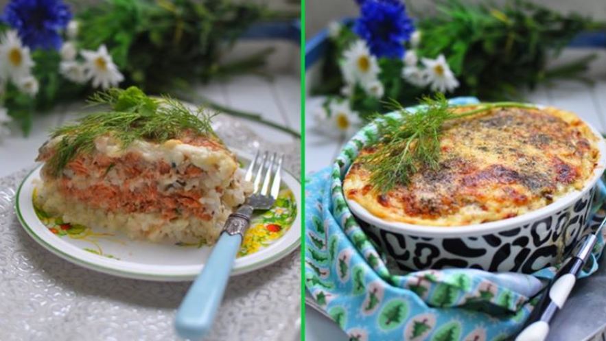 Рецепт запеканки из лосося с рисом под бешамелем и сыром