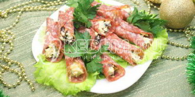 Рецепт рулетиков салями с начинкой